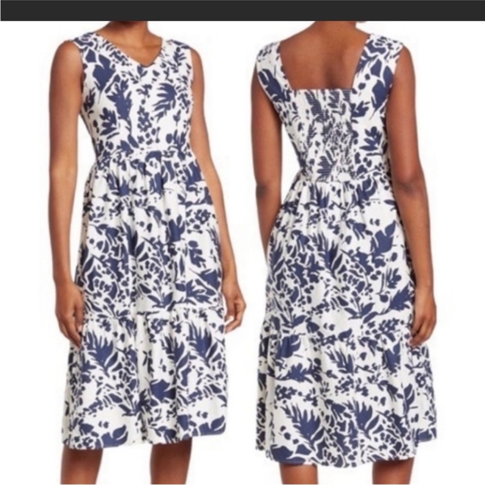 Magaschoni Floral Midi Linen blend dress ruffled tier elastic ruching 6 resort